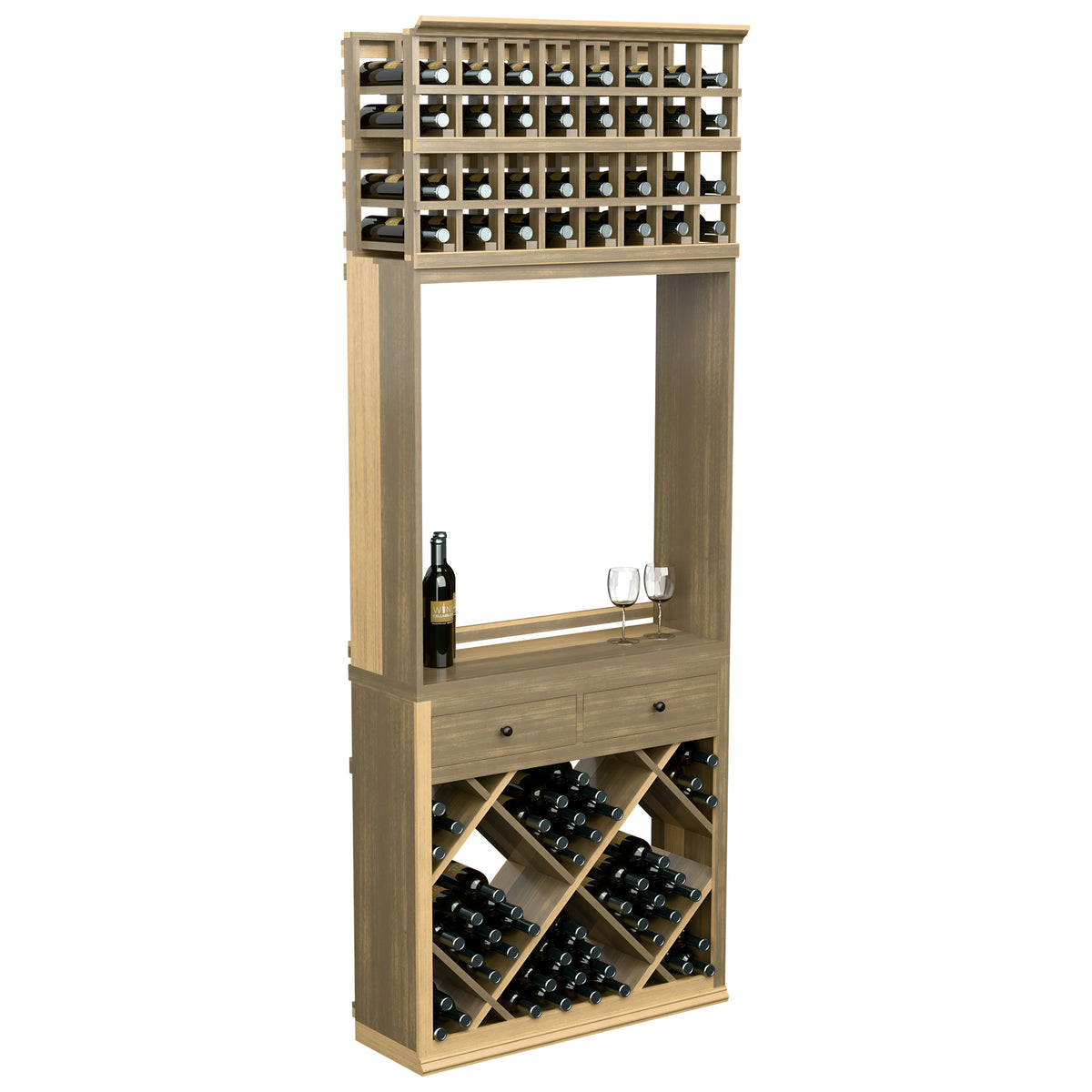 Light wood wine tasting station cabinet with diamond bottle racks and lower diagonal storage