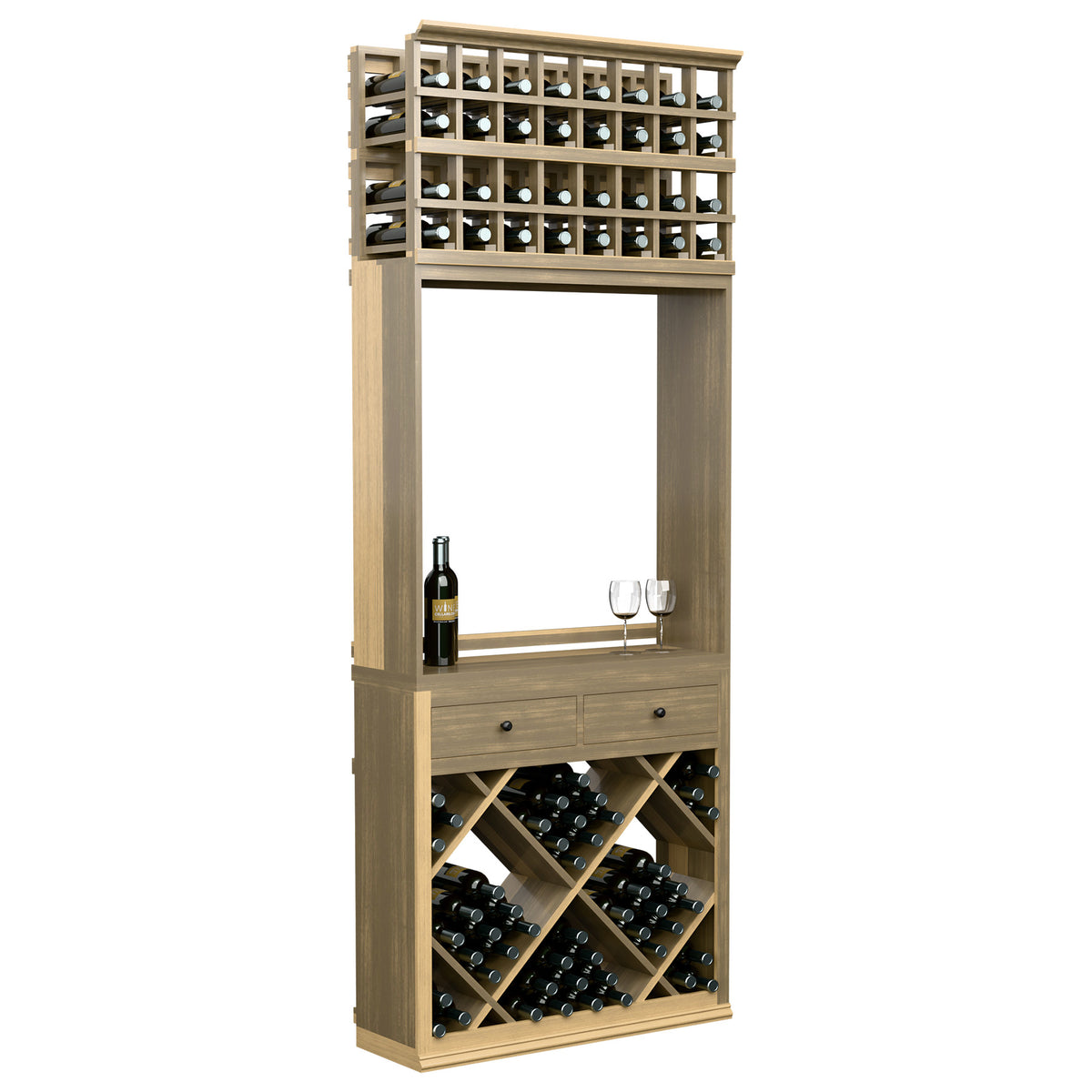 Light wood wine tasting station with bottle drawers and glass holder on service shelf
