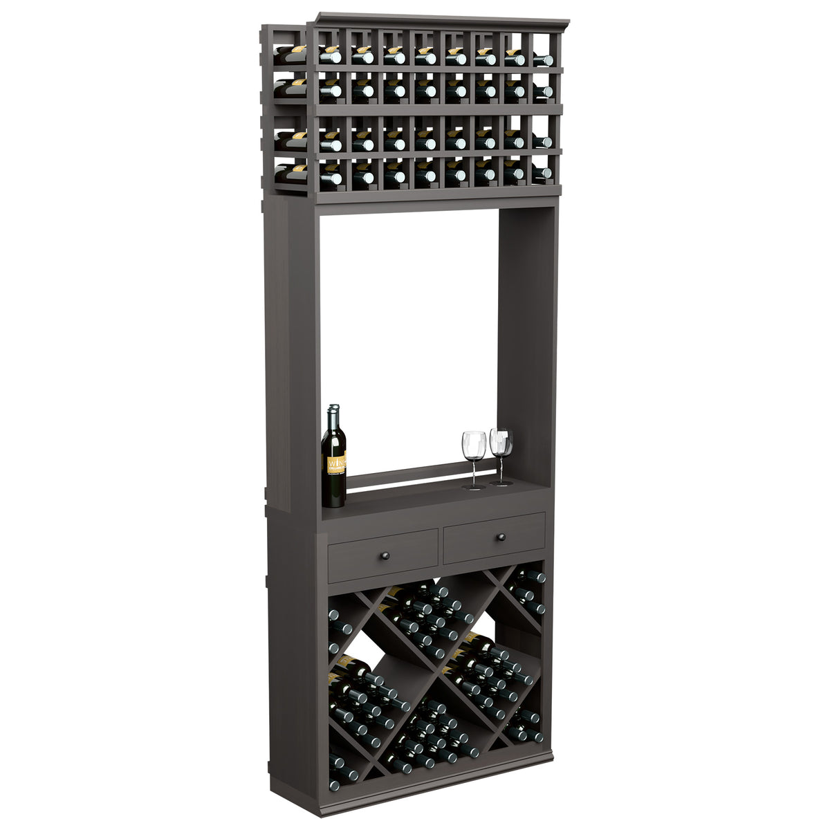 Dark gray wine tasting station cabinet with diamond bottle racks, drawers, glass holder