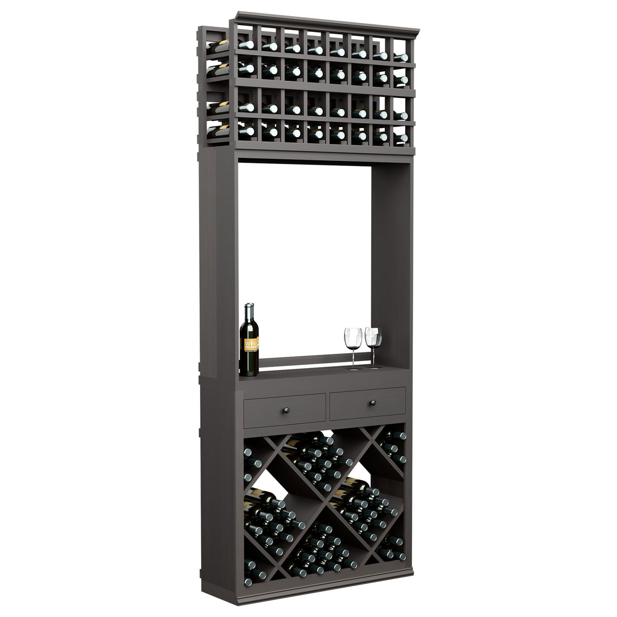Dark gray wine tasting station cabinet with open service area and lower diagonal bottle storage