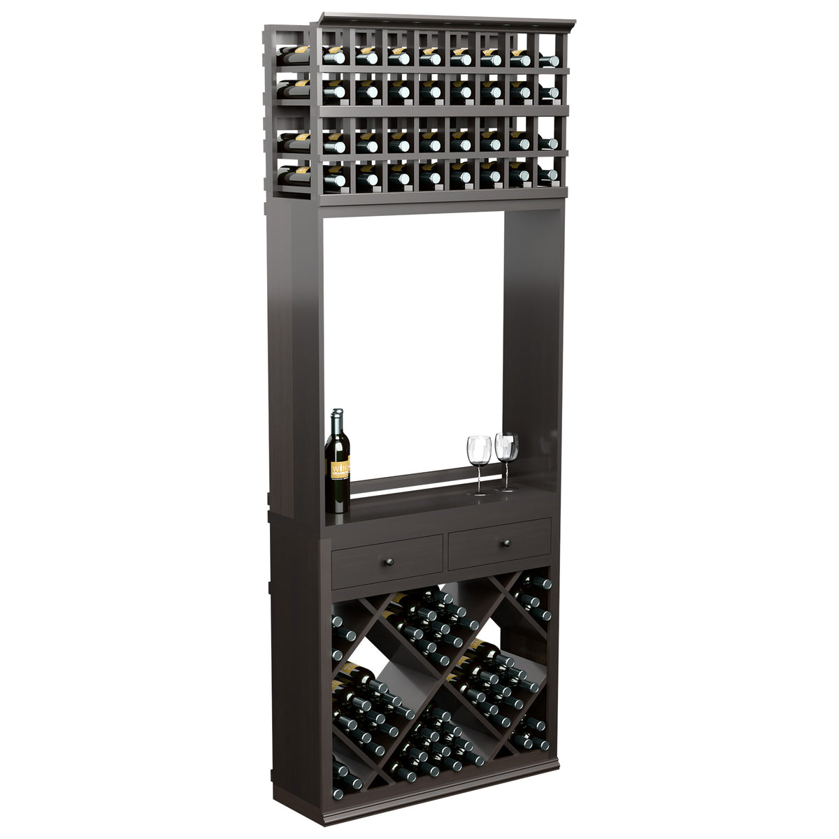Dark gray wine tasting station with bottle racks on top and two drawers below
