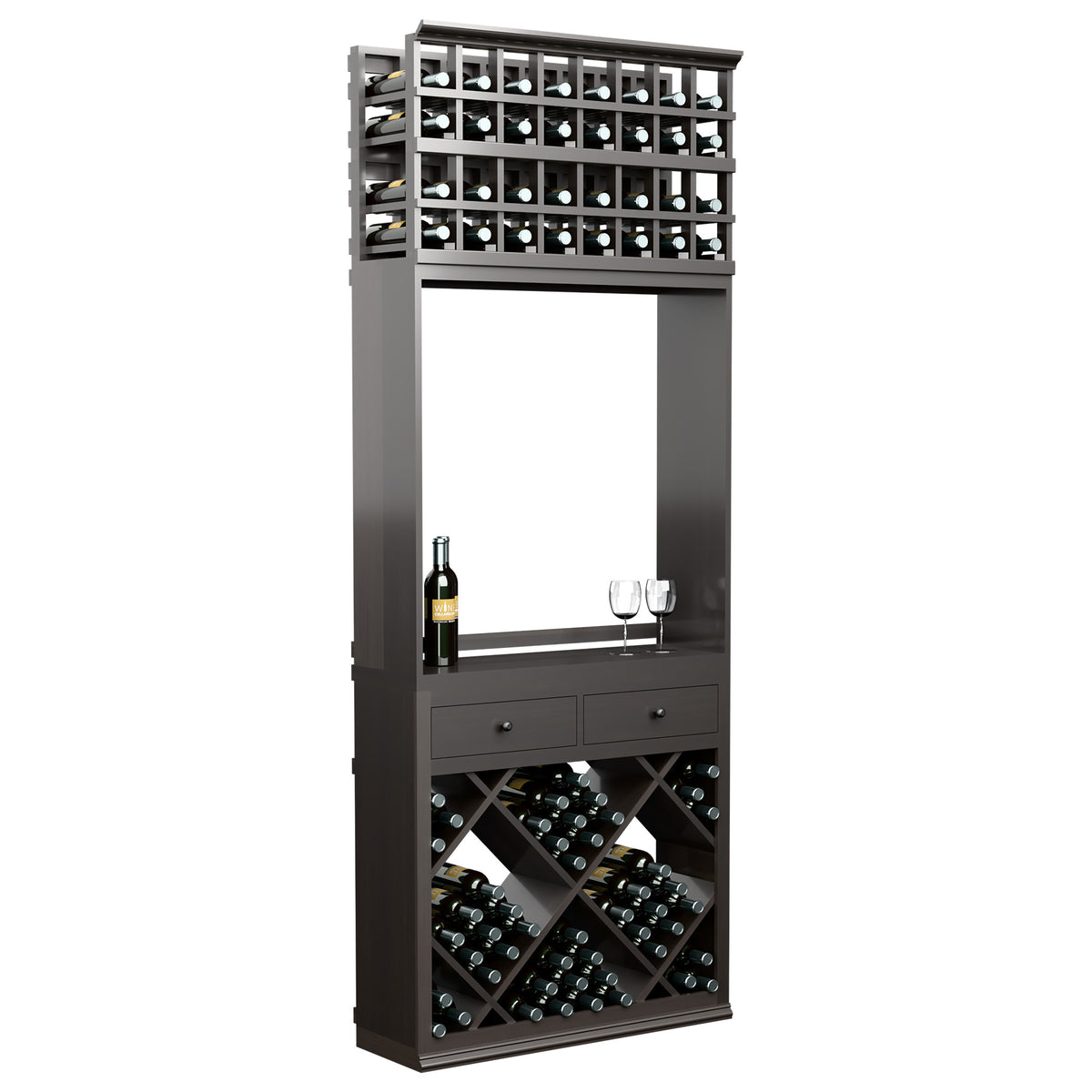 Dark gray wine tasting station cabinet with top bottle rack, service shelf, glass holder