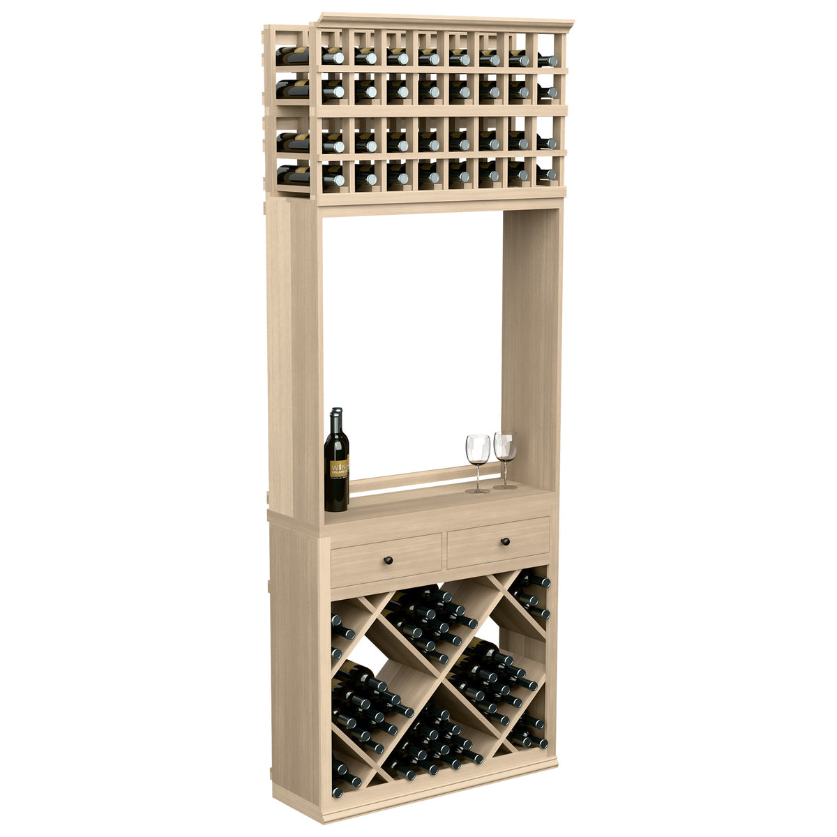 Wine tasting station cabinet with bottle racks, glass holders, and two drawers, light wood