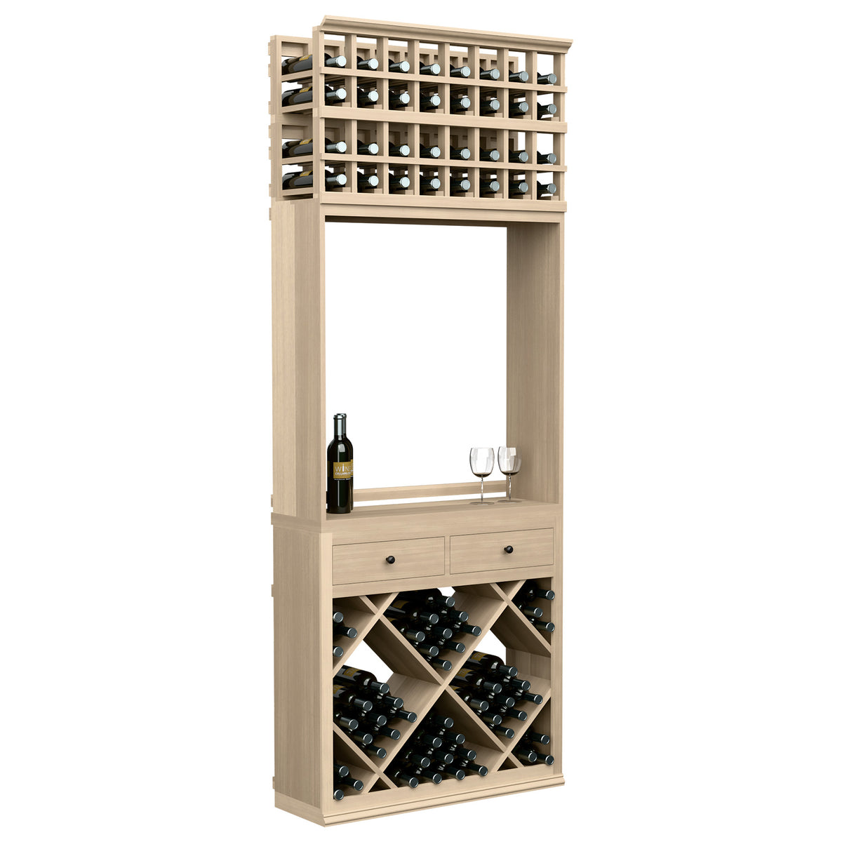 Wine tasting station cabinet with bottle racks and two drawers, light wood finish