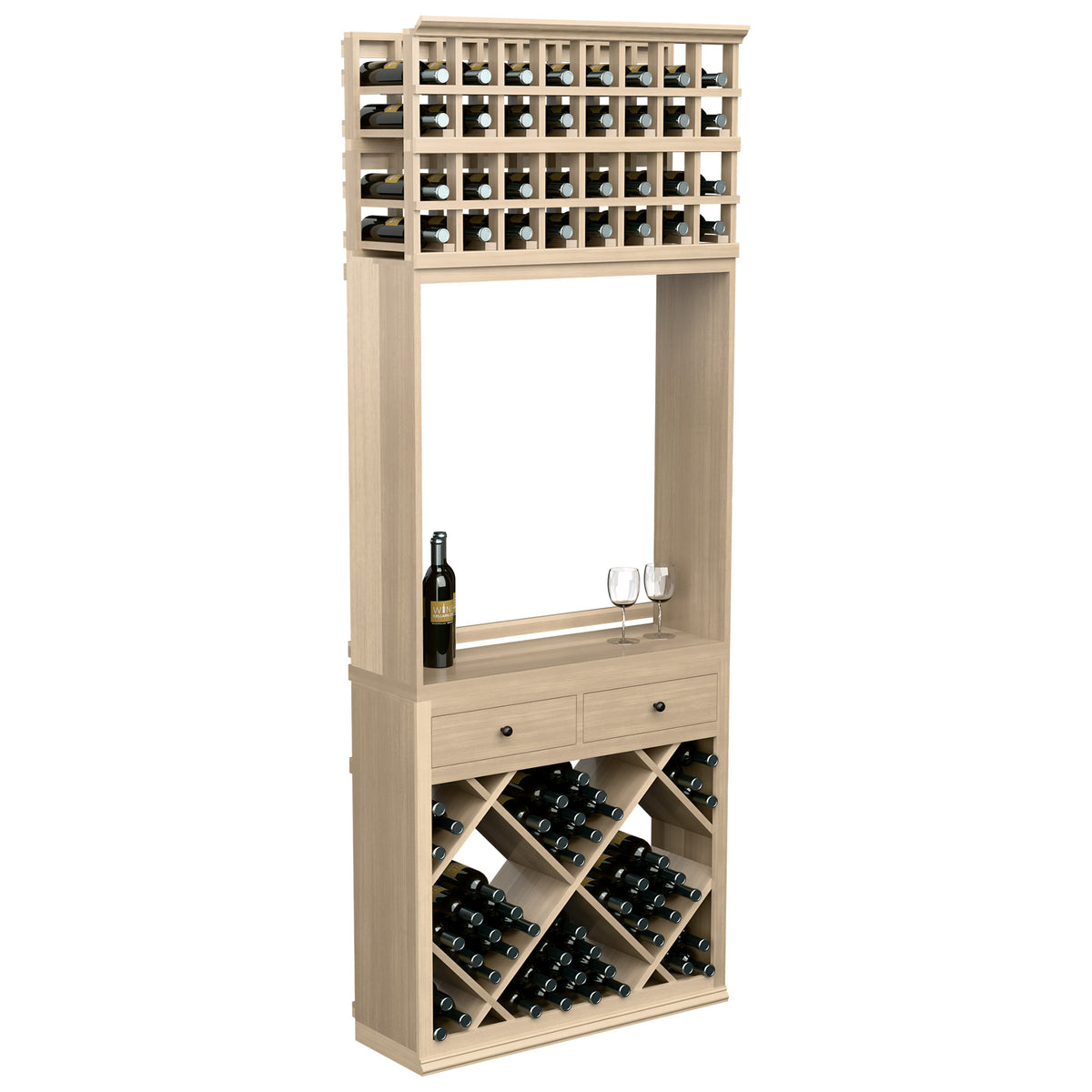 Wine tasting cabinet with top bottle racks, glass rail, and drawer storage, pale wood