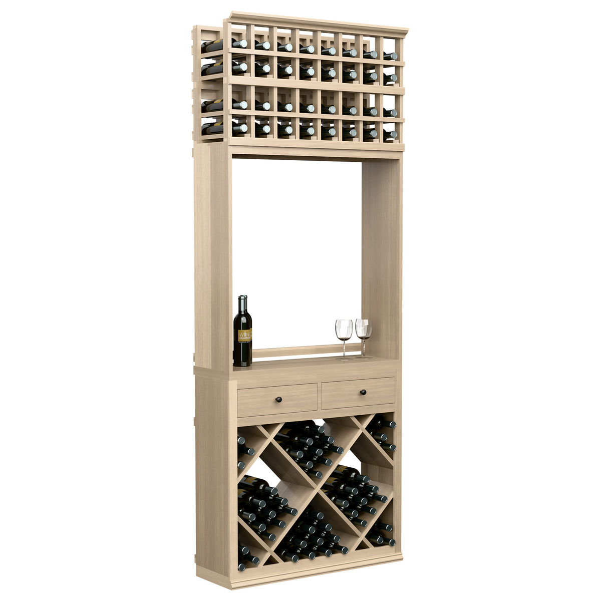 Wine tasting station with bottle racks, glass rail, and two drawers, light wood tone
