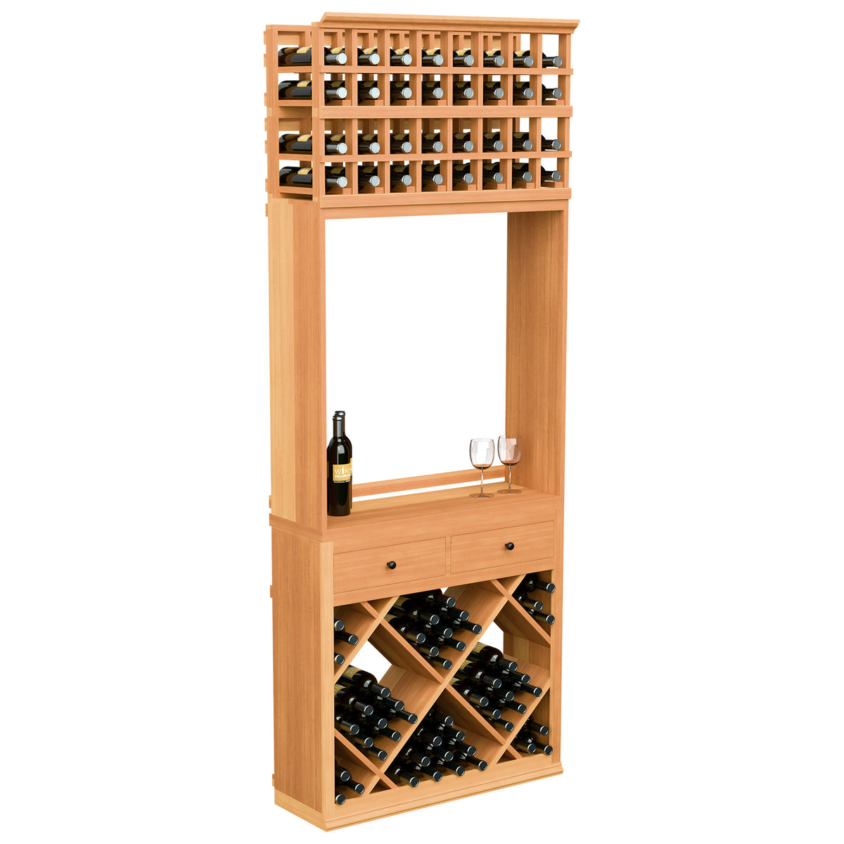 Wine tasting station cabinet with bottle racks and two drawers, warm wood tone