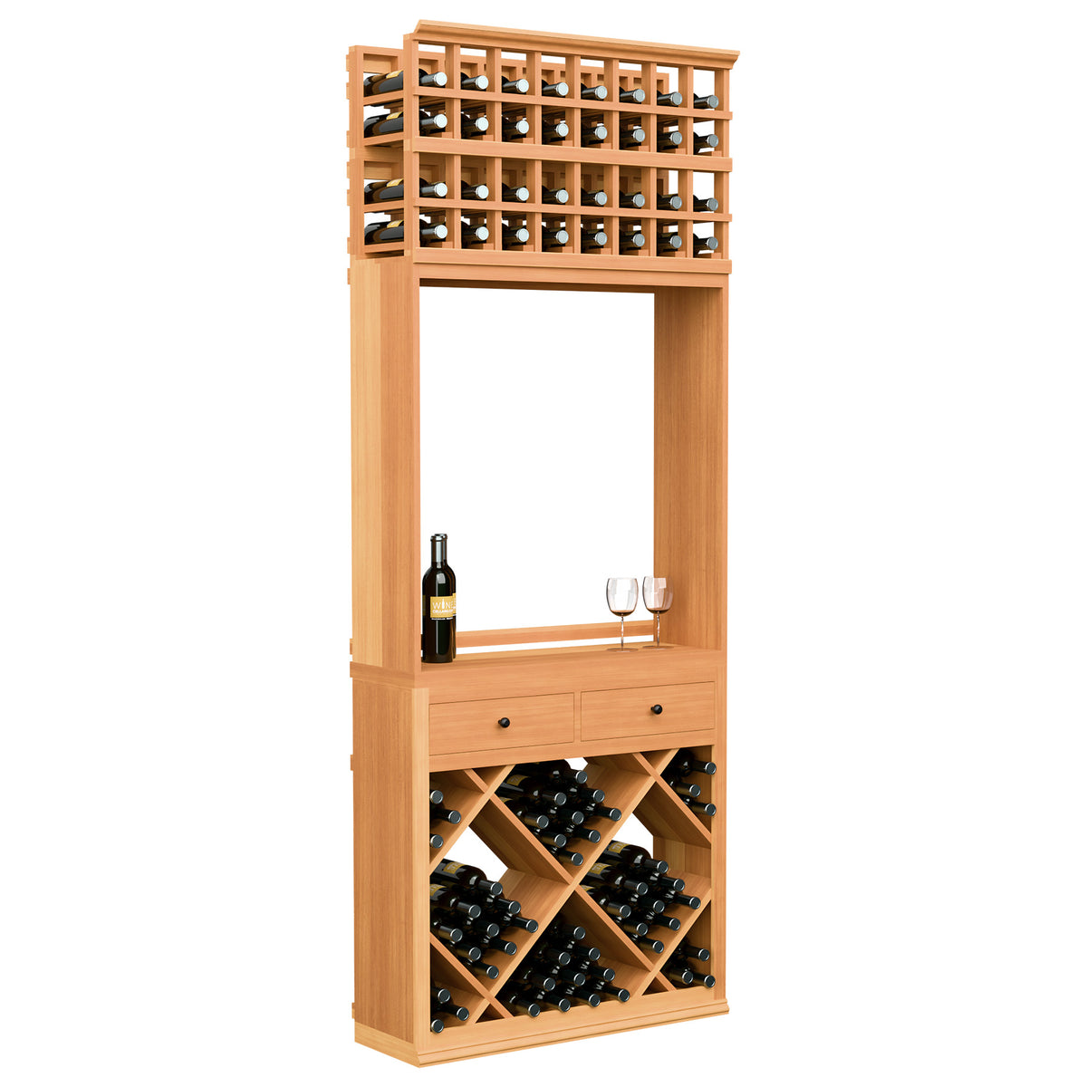 Wine tasting station cabinet with bottle storage racks, glass rail, and drawers, warm wood