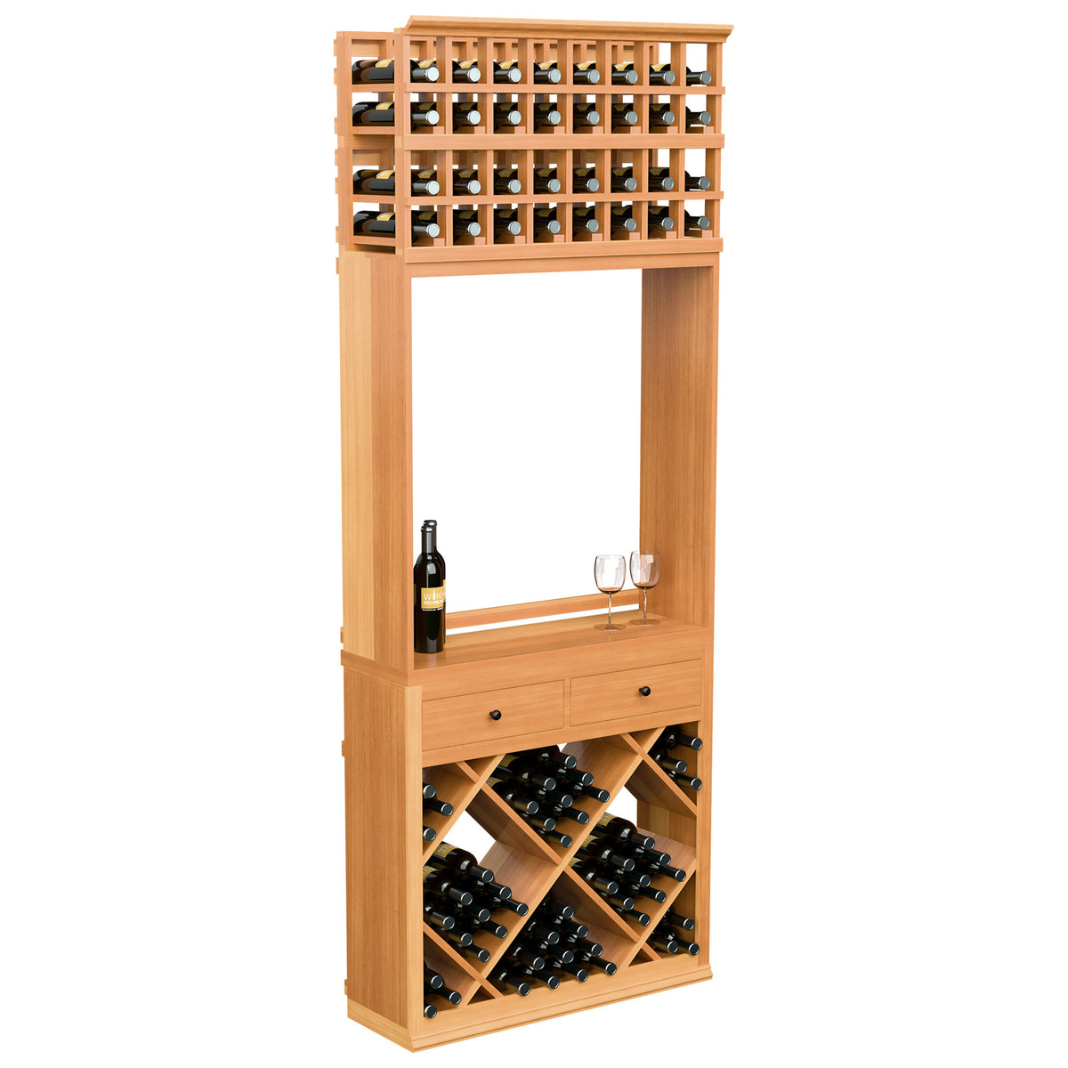 Wine tasting cabinet with top bottle grid, bottle cubbies, and two drawers, warm wood