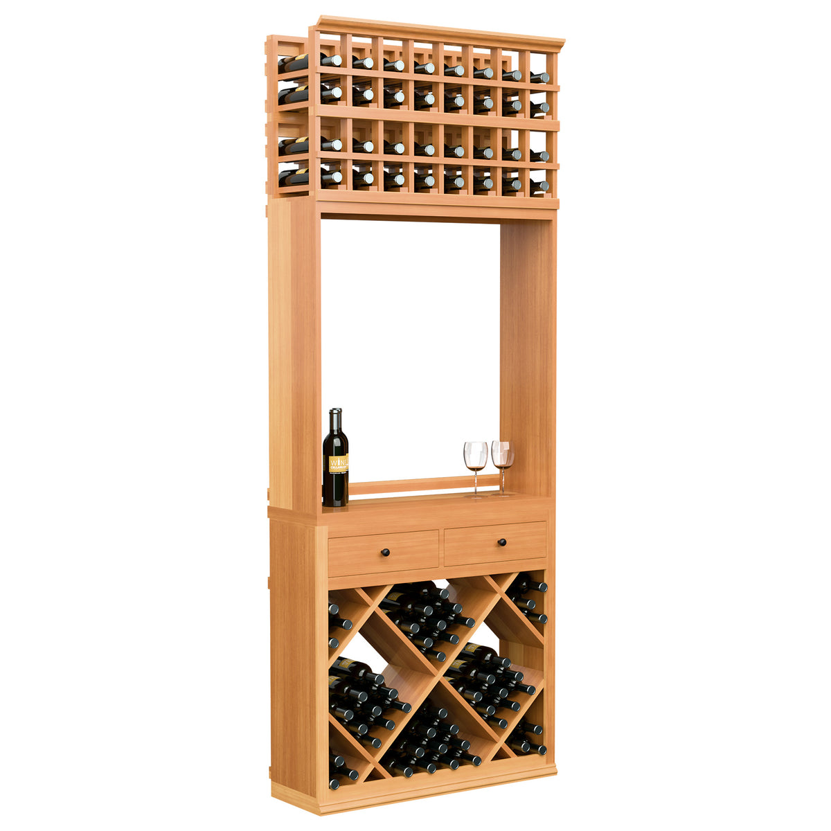 Wine tasting station cabinet with bottle racks, glass rail, and drawers, warm wood finish