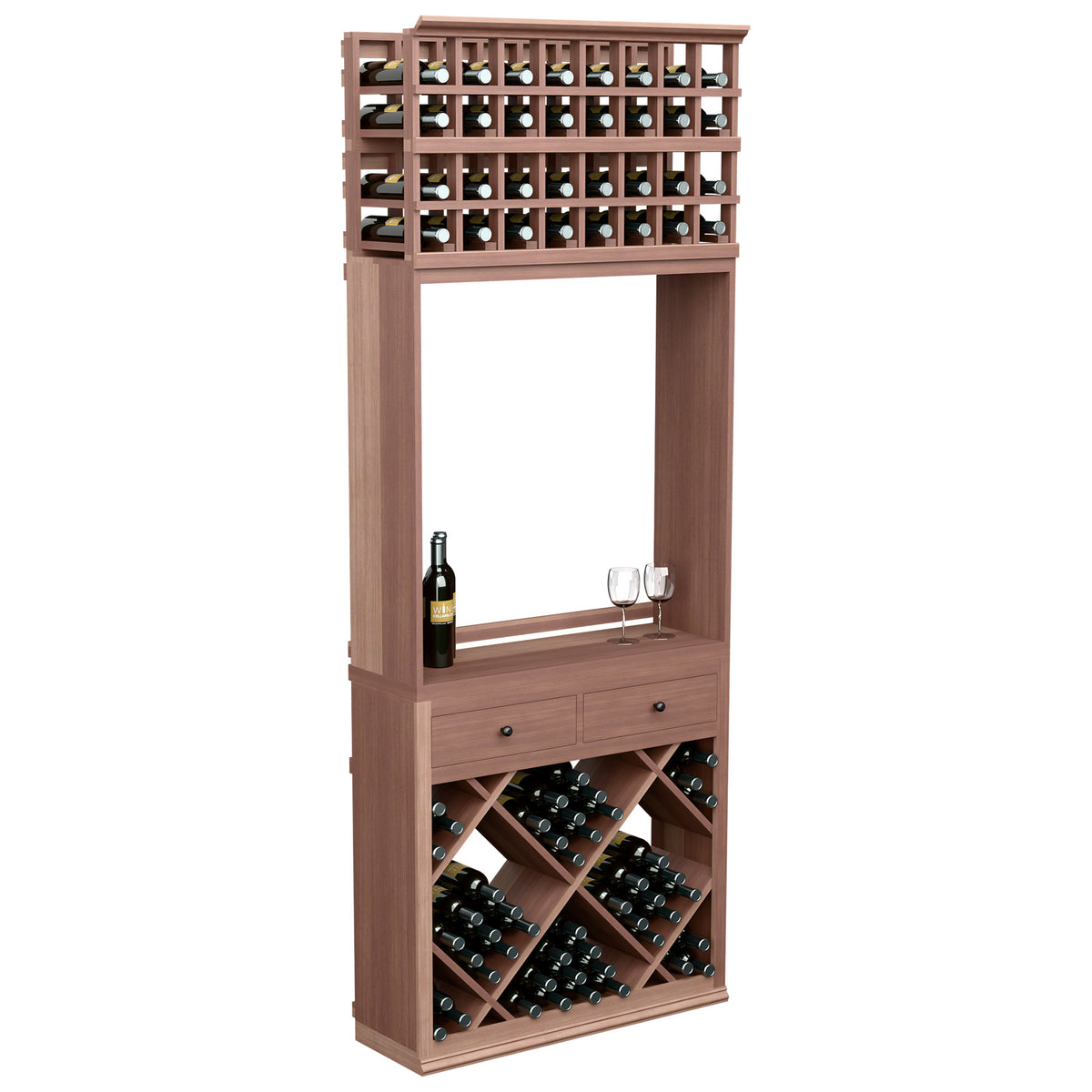 Wine tasting station cabinet with bottle racks and two drawers, dark brown wood