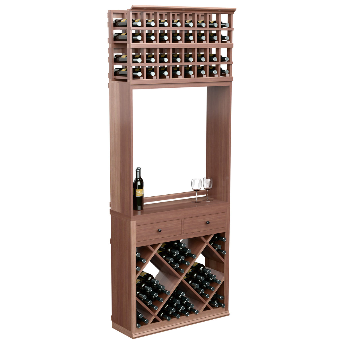 Dark wood wine tasting station cabinet with diamond wine bins, drawers, bottle and glass holders