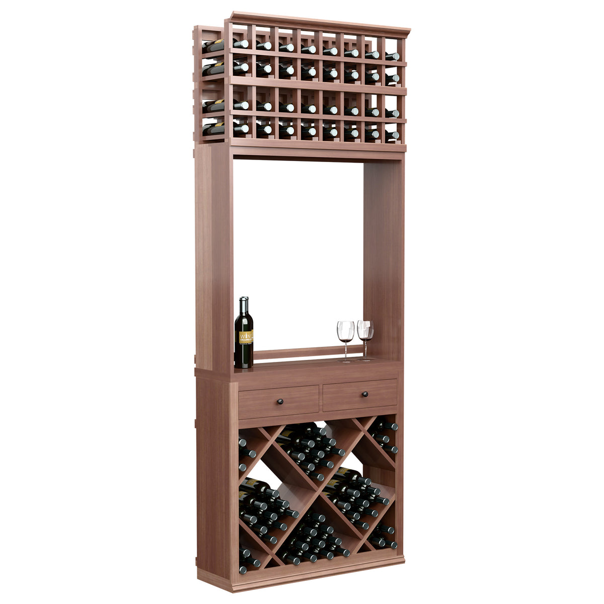 Dark wood wine tasting cabinet with top wine rack, diamond bins, two drawers, bottle and glasses