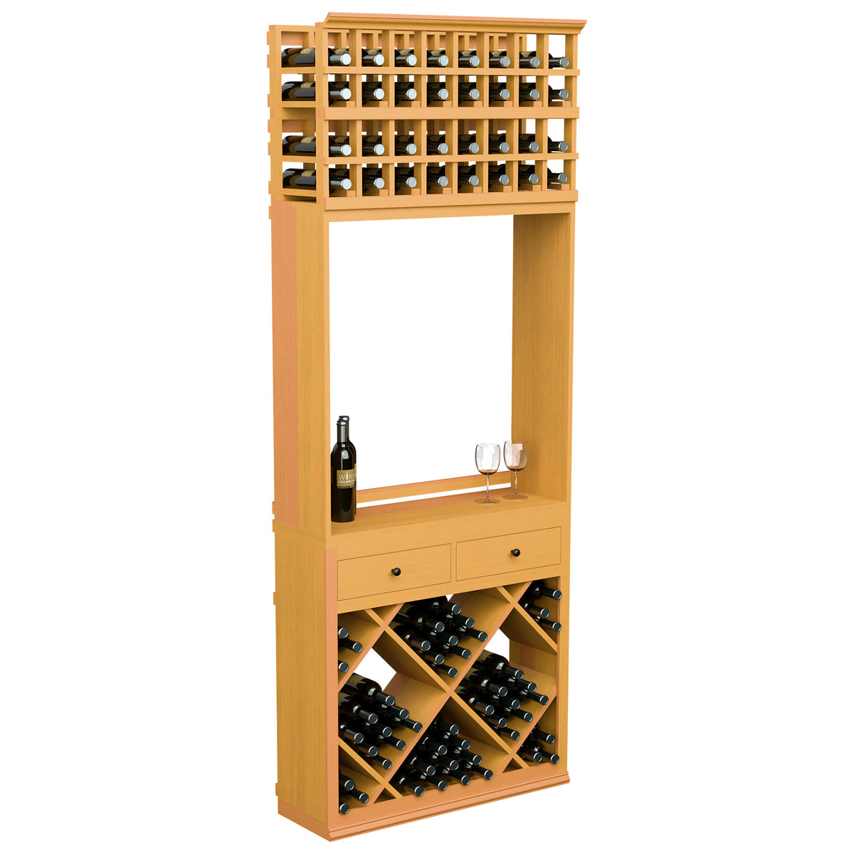 Light wood wine tasting station with diamond wine bins, two drawers, bottle and wine glasses