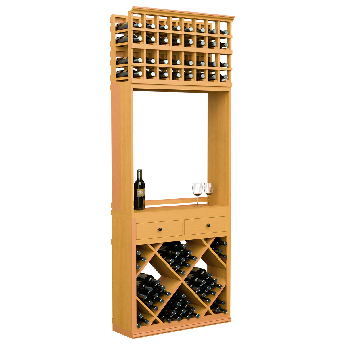 Light wood wine tasting cabinet with top grid wine rack, diamond bins, two drawers, bottle and glasses