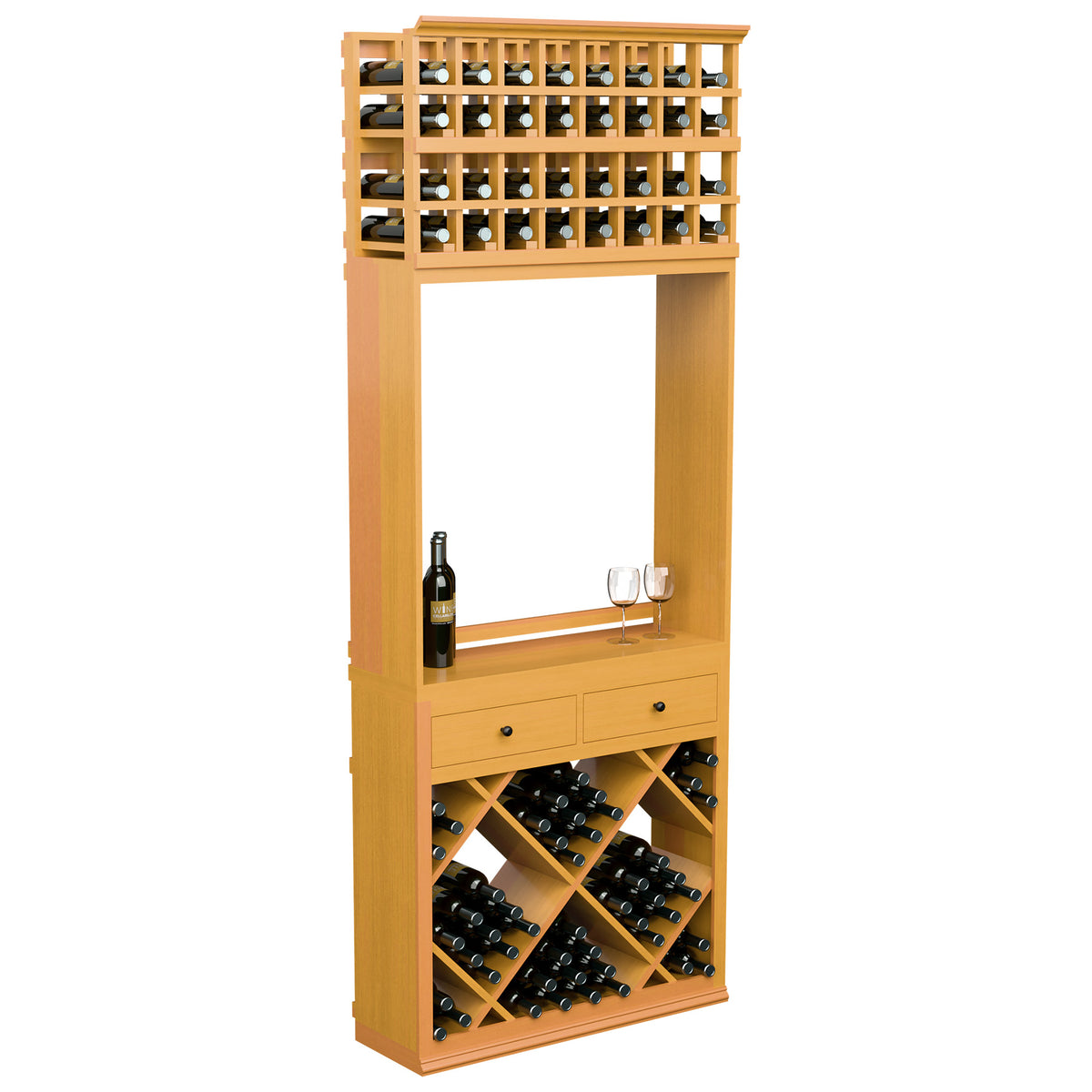 Light wood wine tasting station cabinet with diamond wine bins and two drawer cabinets