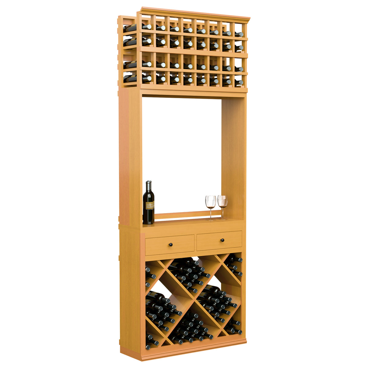 Light wood wine tasting cabinet with diamond bottle bins, top rack, and two drawers