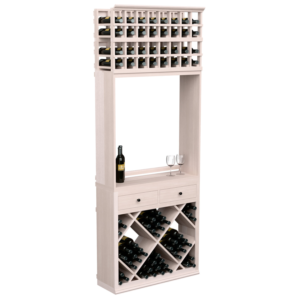 White wine tasting station cabinet with diamond wine bins, drawers, bottle, and glass holders