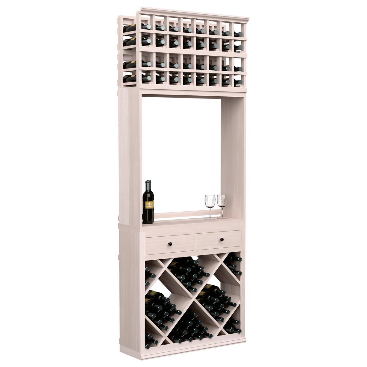 White wine tasting cabinet with top wine rack, diamond bins, two drawers, and bottle with glasses