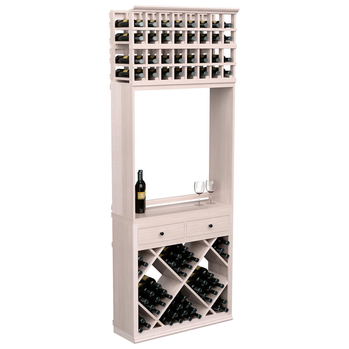 White wine tasting station with diamond wine bins, top rack, and two drawer fronts