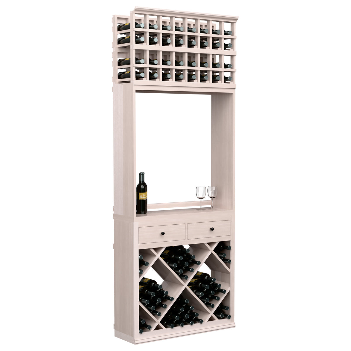 White wine tasting cabinet with diamond bottle bins, open serving shelf, and two drawers