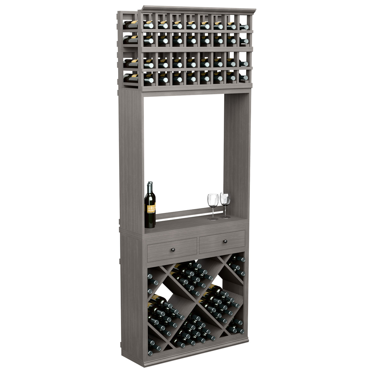 Gray wine tasting station cabinet with bottle racks, drawers, and diamond wine bins