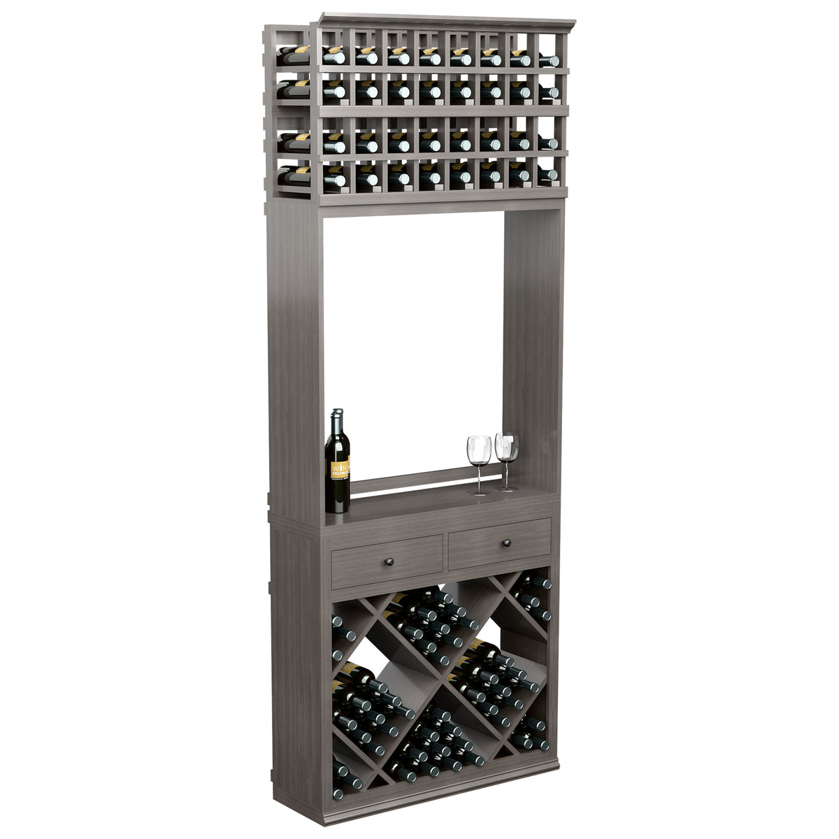 Gray wine tasting station cabinet with open bar shelf, drawers, and diamond wine bins