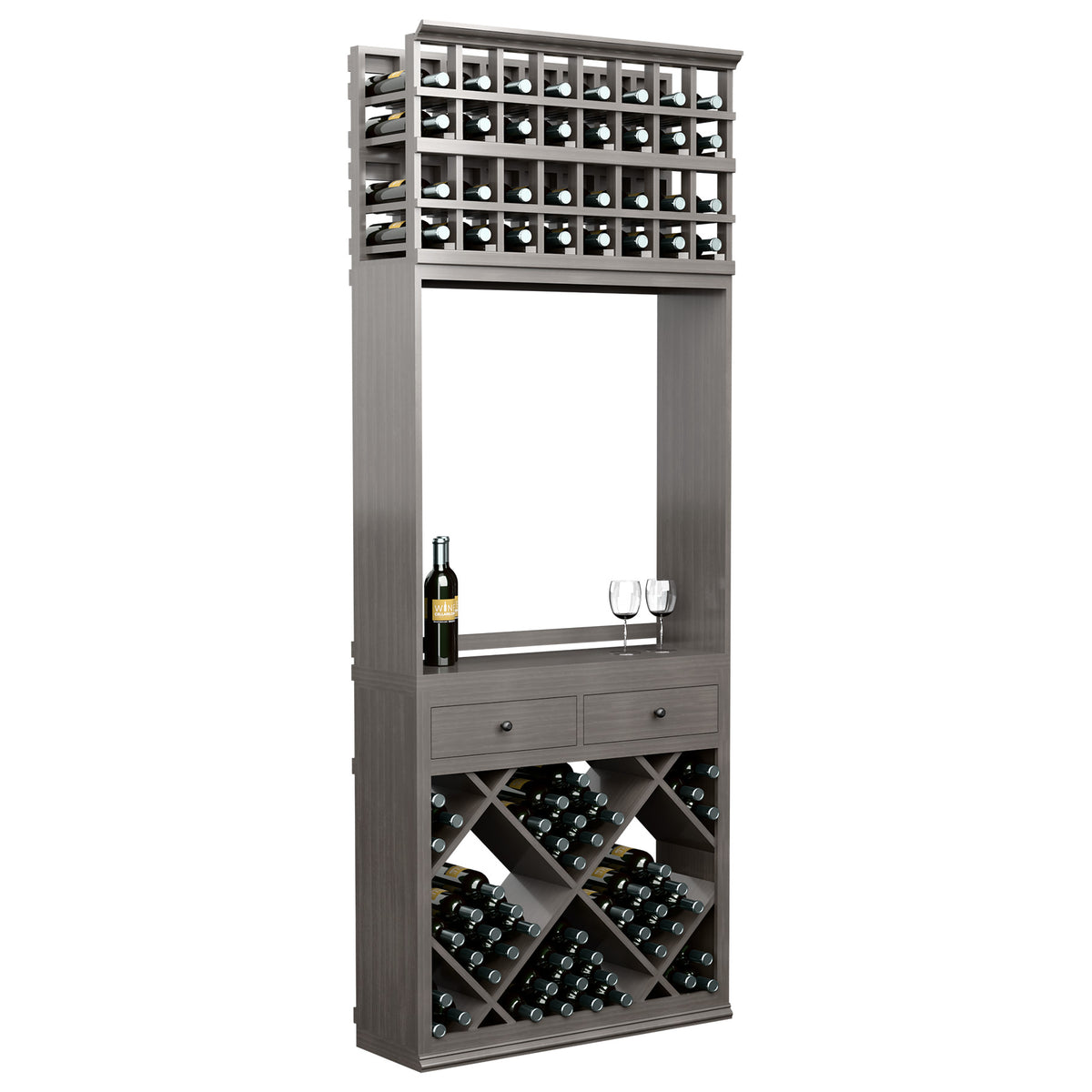 Gray wine tasting station cabinet with top bottle rack, drawers, and diamond wine storage bins