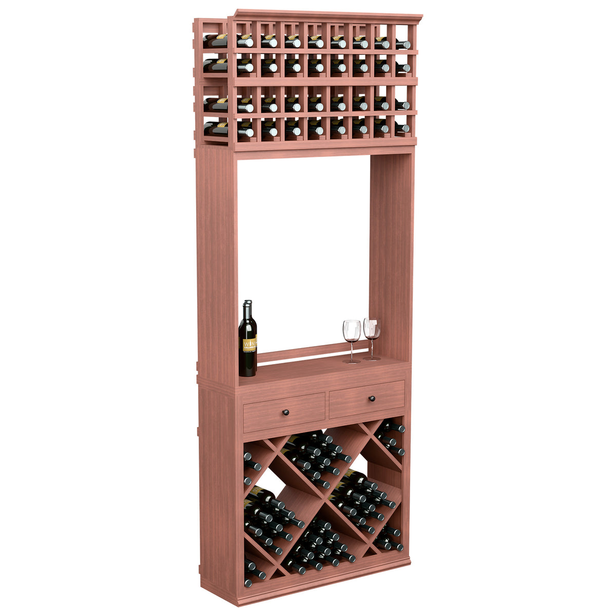 Warm red-toned wine tasting station cabinet with bottle racks, drawers, and diamond wine bins
