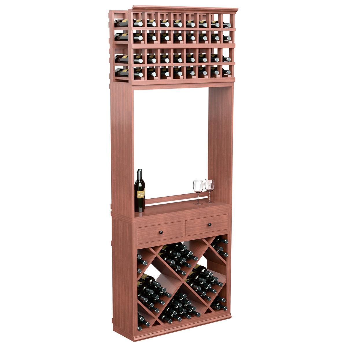 Warm red-toned wine tasting station cabinet with bottle racks, drawers, and diamond wine bins