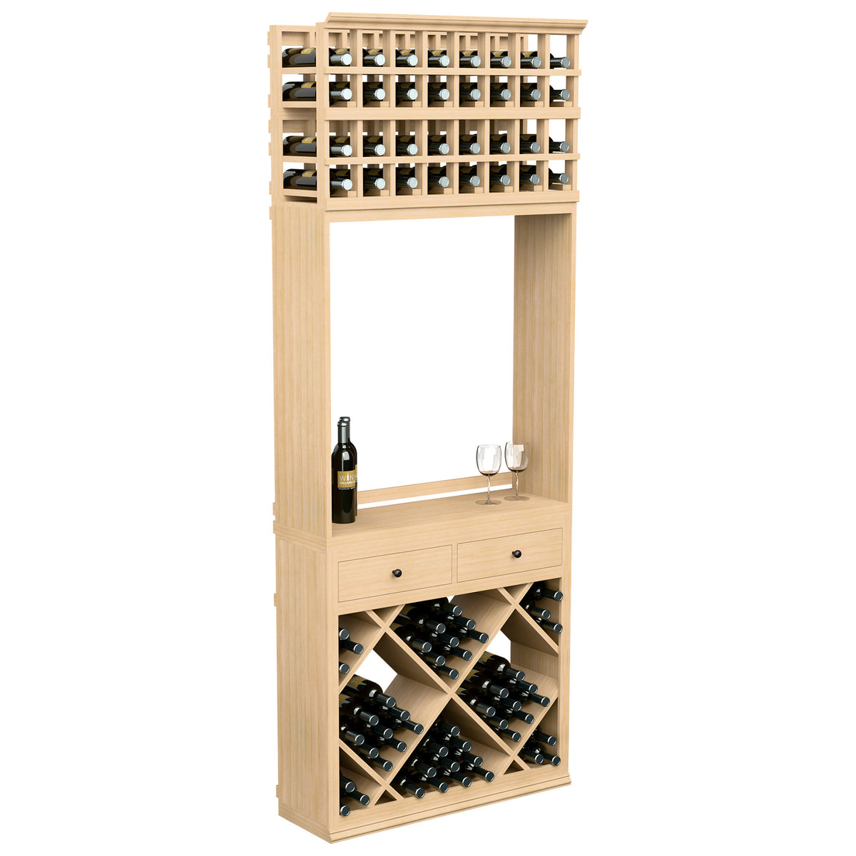 Natural light wood wine tasting station with bottle racks, drawers, and diamond wine bins