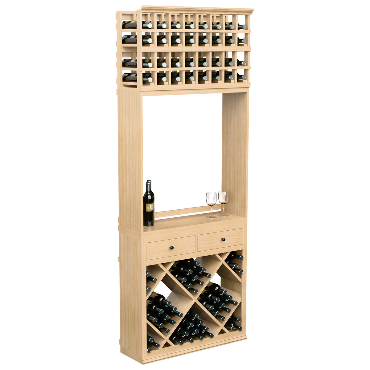Light wood wine tasting station showing bottle cubbies, glass holders, two drawers, and wine racks.