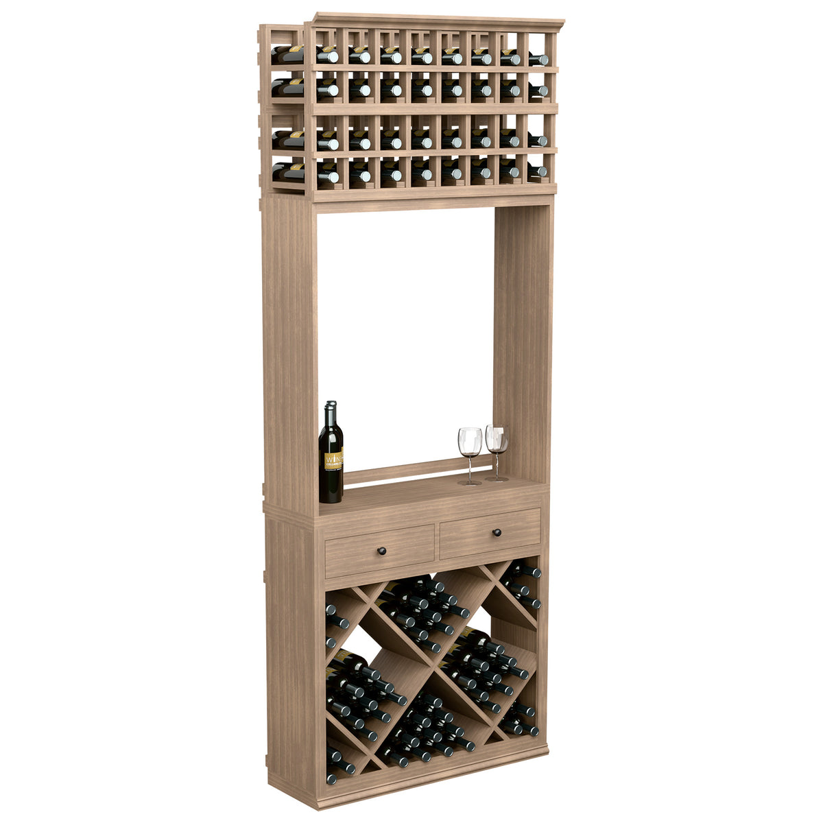 Light wood wine tasting cabinet with bottle storage, glass rail, two drawers, and diagonal wine racks.