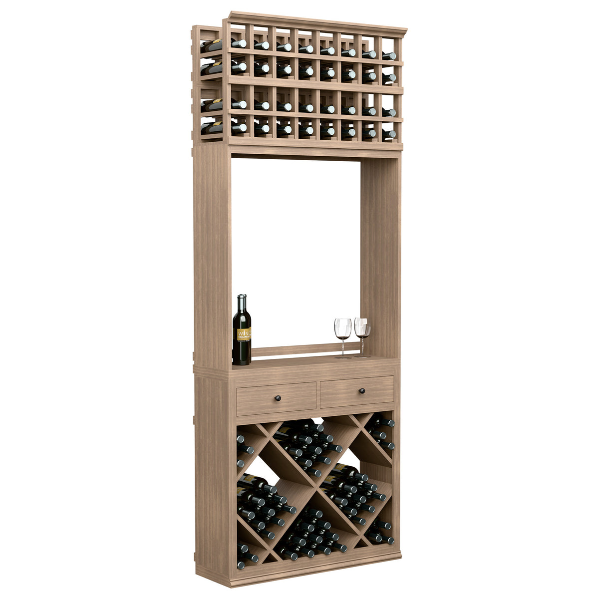 Light wood wine station with top bottle slots, center opening shelf, drawer storage, and wine cradles.