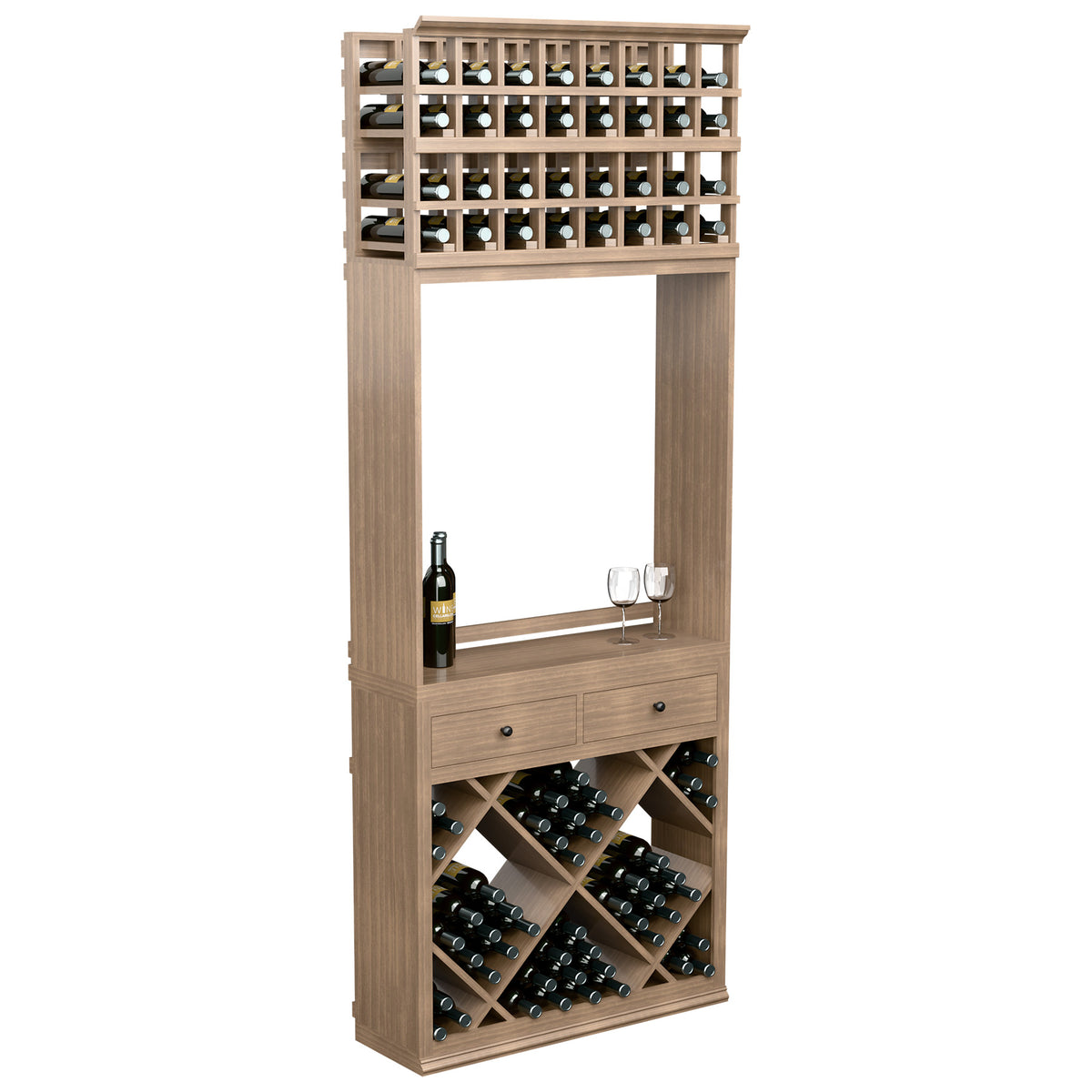 Light wood wine tasting stand with bottle cubbies, glass holders, drawer faces, and lower wine racks.