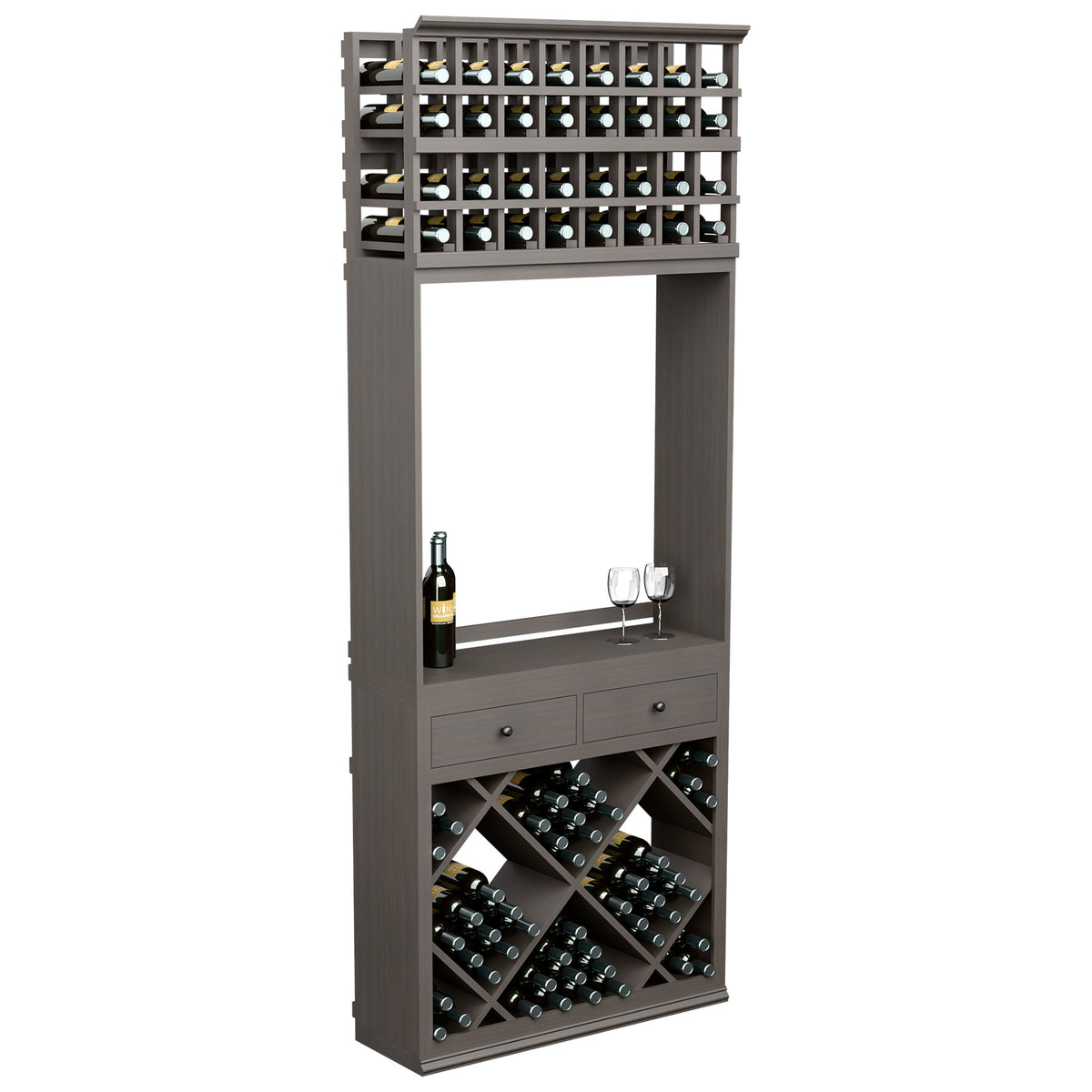 Dark wood wine tasting station with bottle slots, glass rail, two drawers, and lower wine racks.