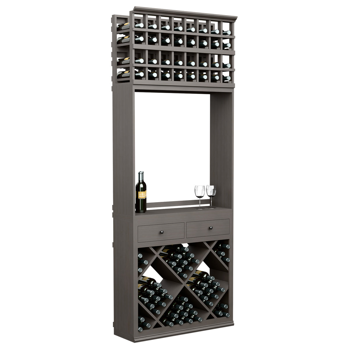 Dark wood wine station with top bottle cubbies, tasting shelf with glass holders, drawers, and racks.