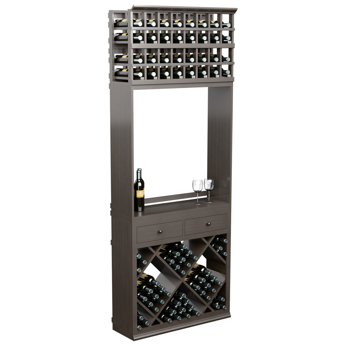 Dark wood wine tasting cabinet featuring top bottle storage, glass rail, two drawers, and wine racks.