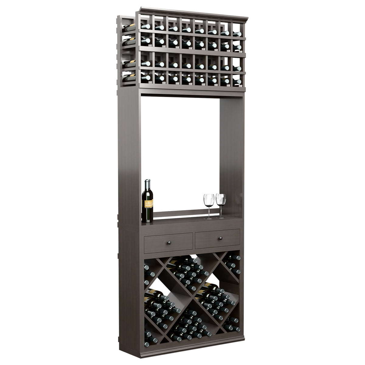 Wine tasting station cabinet with bottle storage, drawers, and two glass holders in dark finish