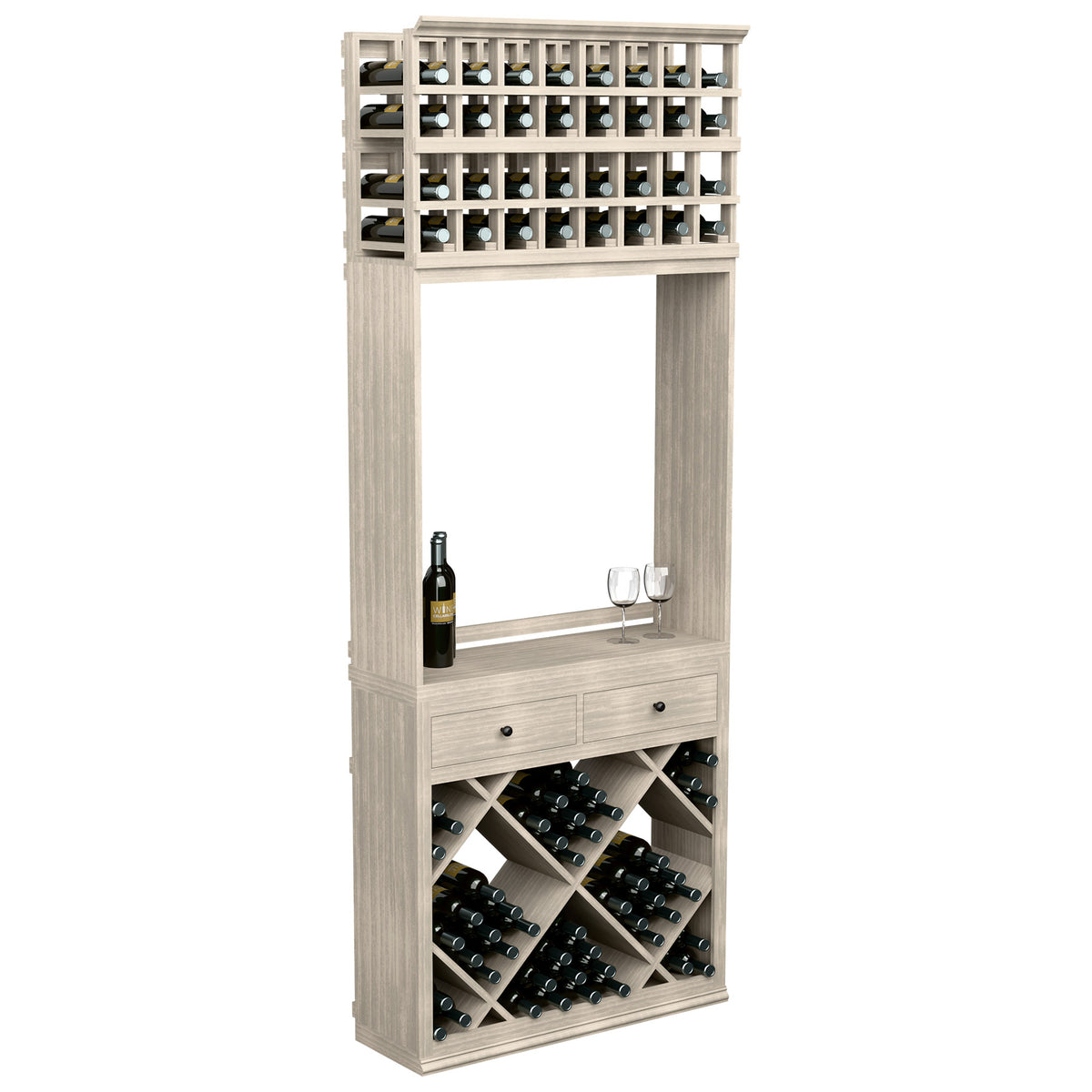 Wine tasting station cabinet with bottle storage racks, drawers, and two glass holders in light finish