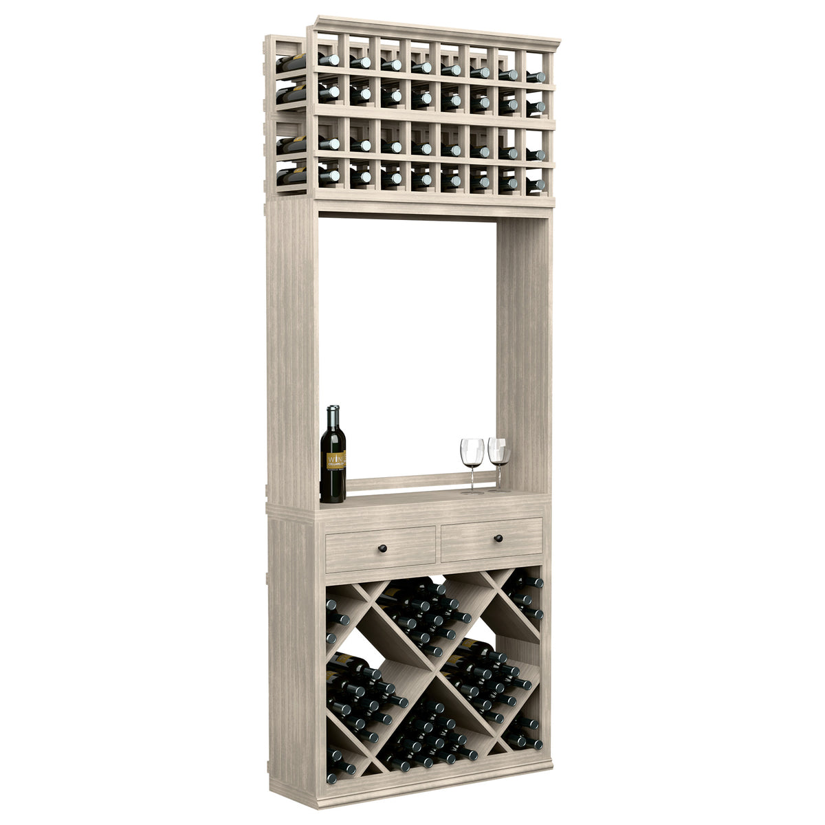 Wine tasting station cabinet with front bottle cradles, two drawers, and two glass holders