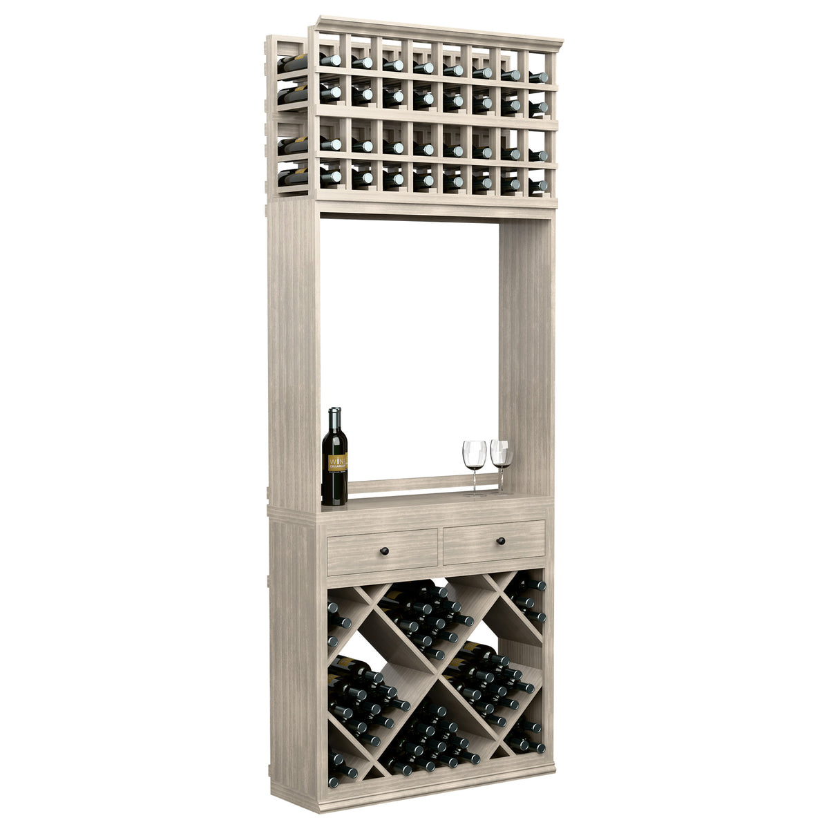 Wine tasting station cabinet with upper bottle grid, two drawers, and two wine glass holders