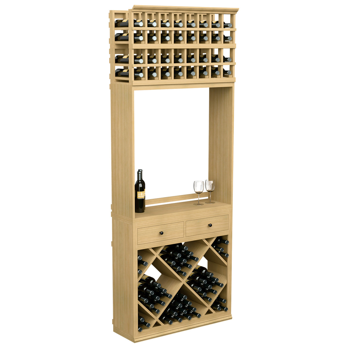 Wine tasting station cabinet with bottle storage shelves, two drawers, and two glass holders in natural wood