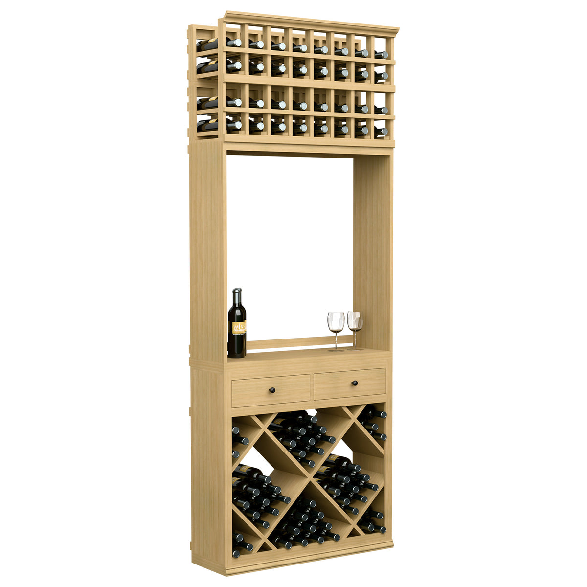 Wine tasting station cabinet with upper bottle rack, two drawers, and glass holder shelf in natural wood