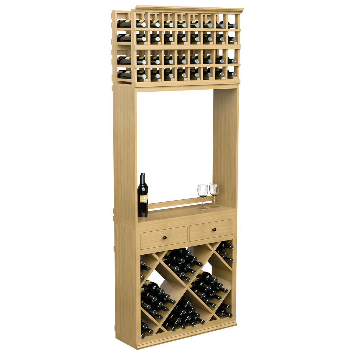 Wine tasting station cabinet with bottle storage compartments, two drawers, and two glass holders