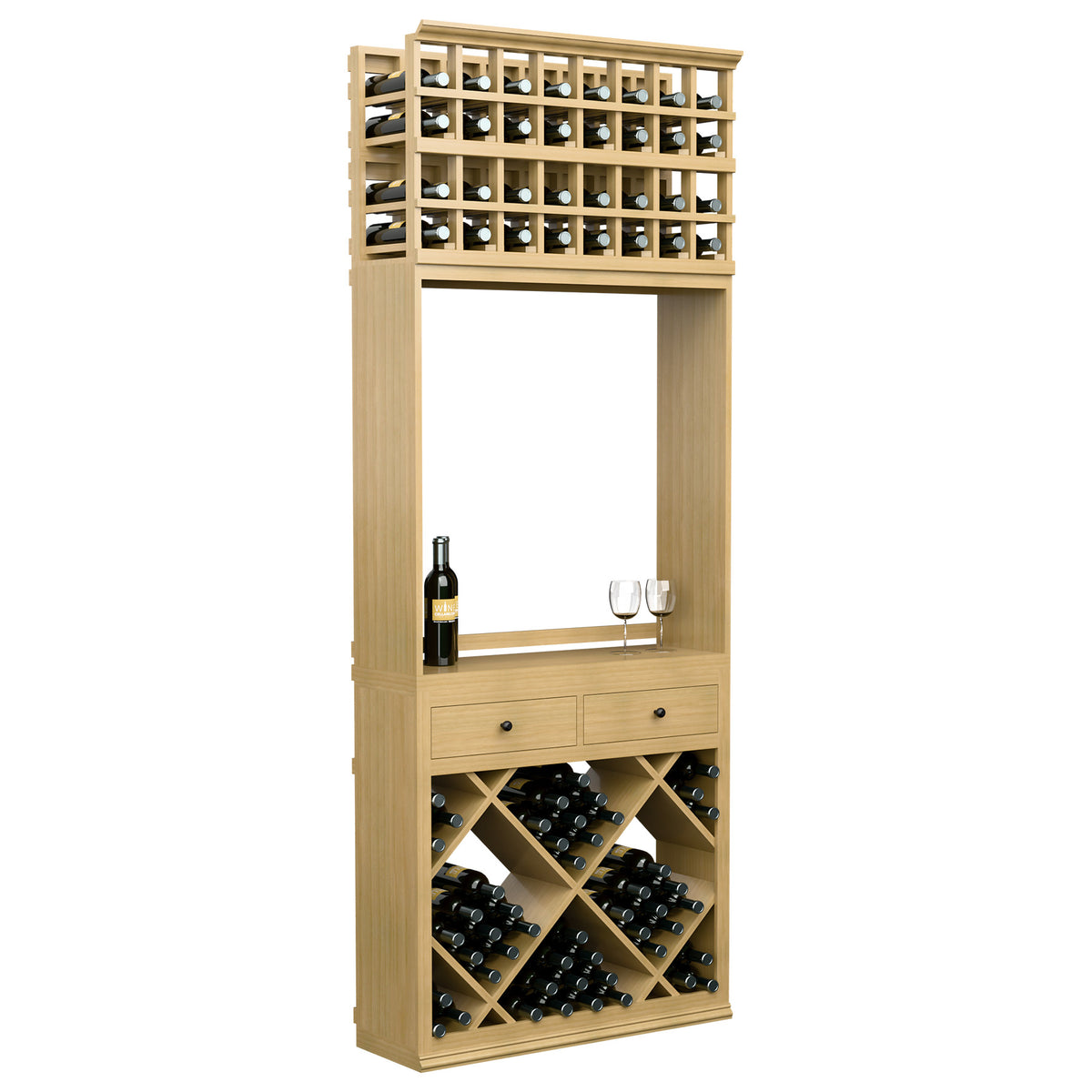 Wine tasting station cabinet with wine bottle racks, two drawers, and glass holder shelf in light wood