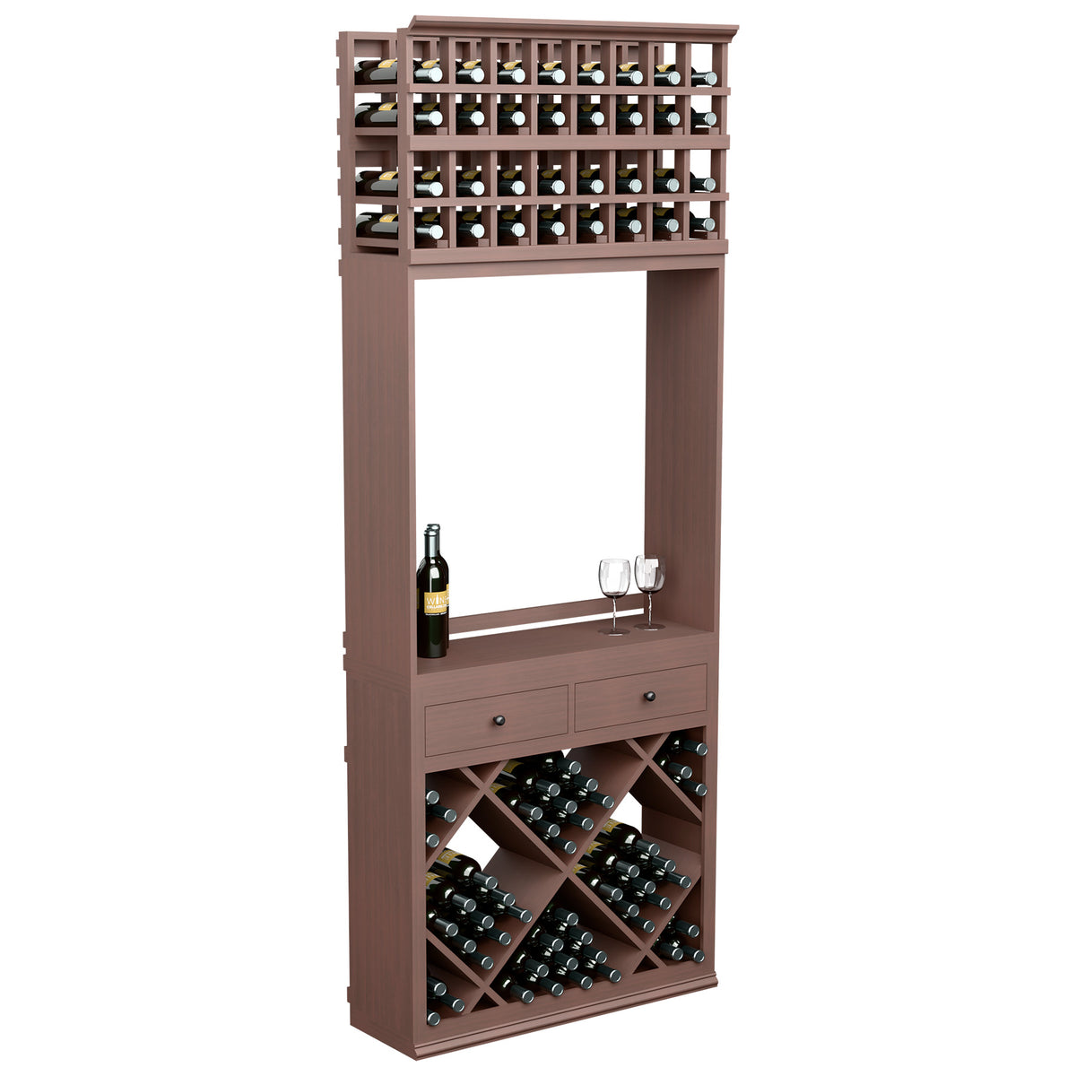 Wine tasting station cabinet with bottle storage, drawers, and two glass holders in dark brown finish