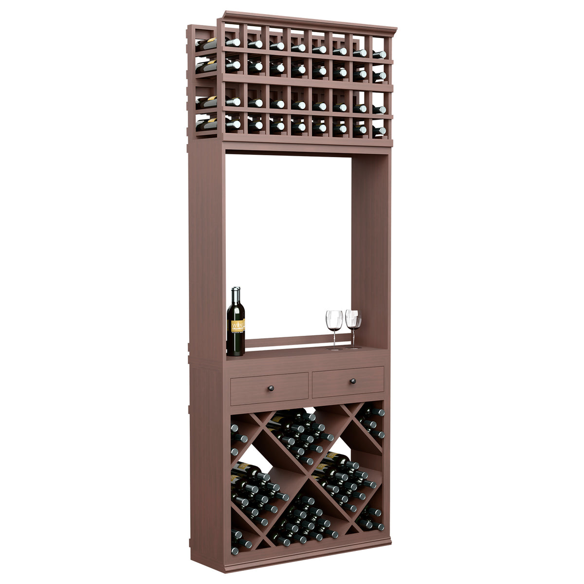 Dark brown wine tasting station with drawers, diamond wine racks, bottle and two glasses