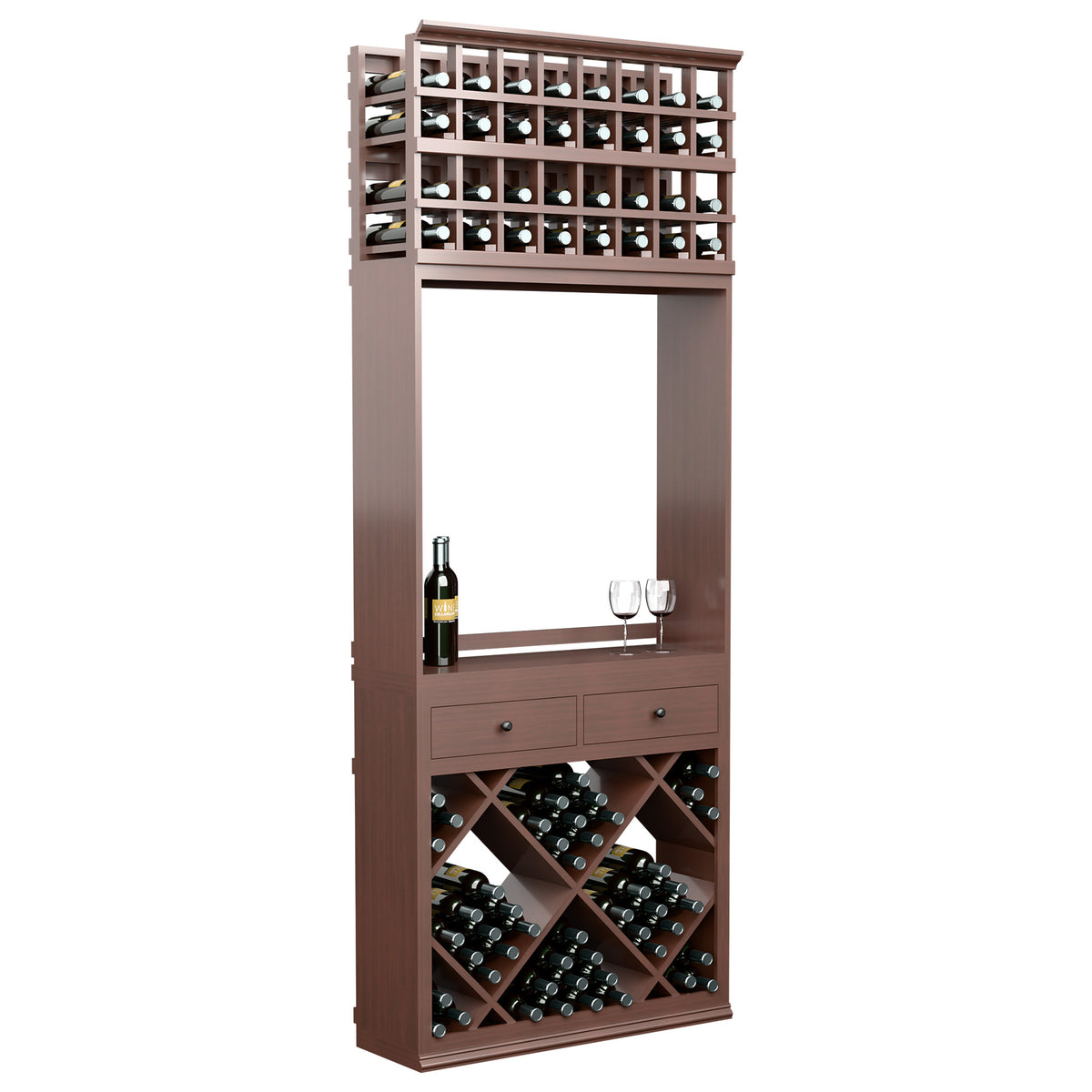 Dark brown wine tasting station with top wine rows, drawers, diamond wine racks