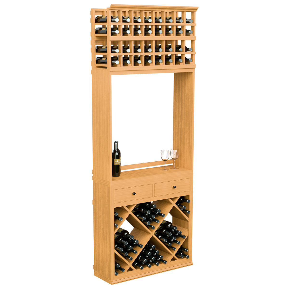 Light wood wine tasting station with drawers, diamond wine racks, bottle and two glasses